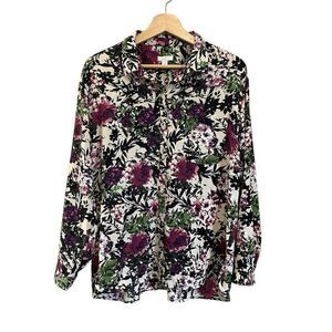J. Jill Floral long sleeve button up Blouse Top, Purple and Green Size M
